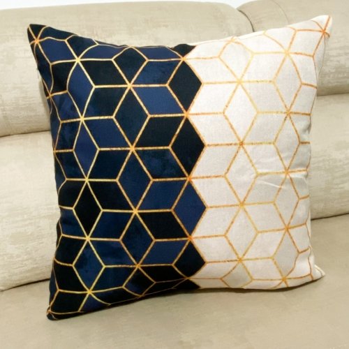 Funda Cojin 3D Azul/Beige Líneas Dorada 45x45cm